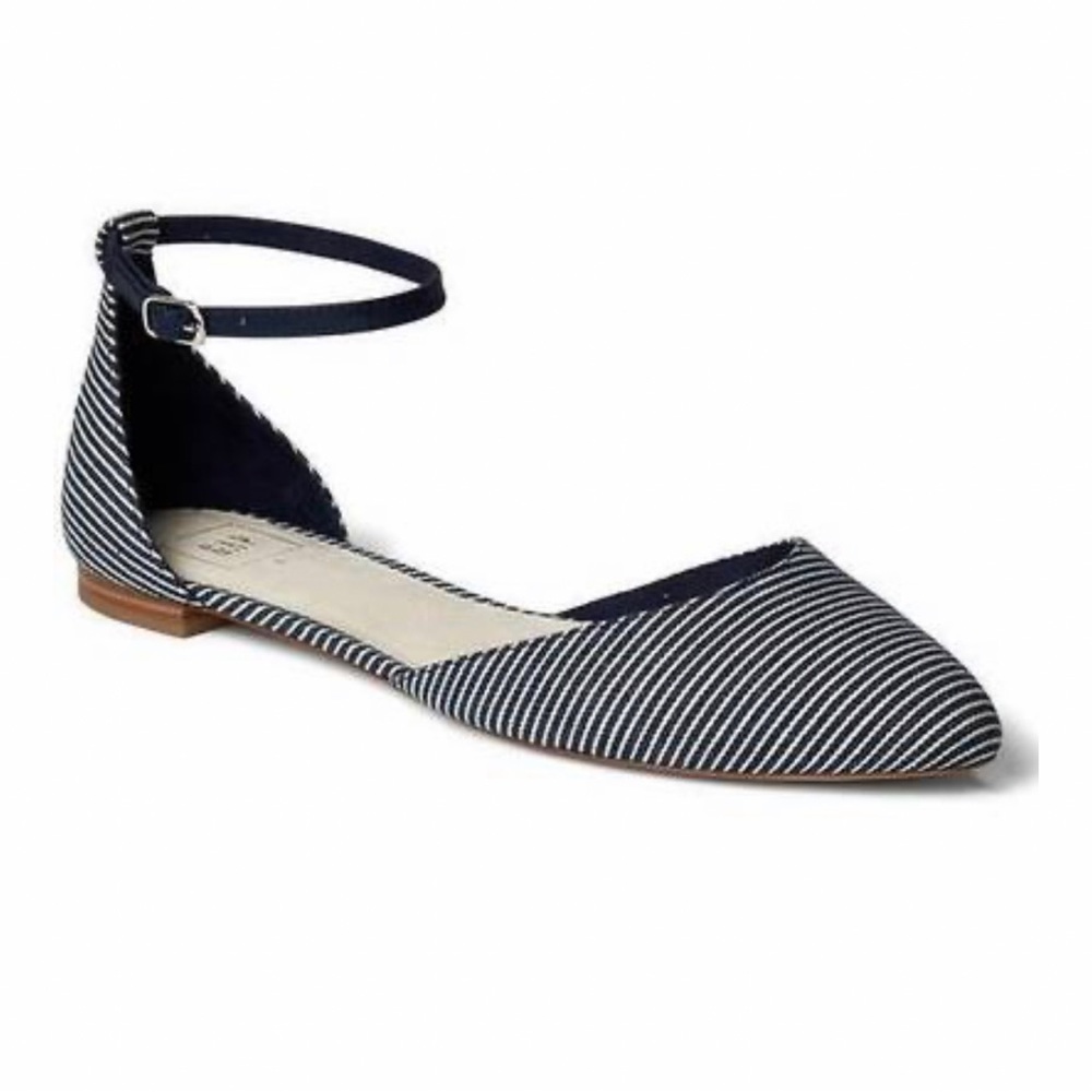 Gap Navy Blue & White D'orsay Ankle Strap Flat-Railroad Stripe Print, Size 8